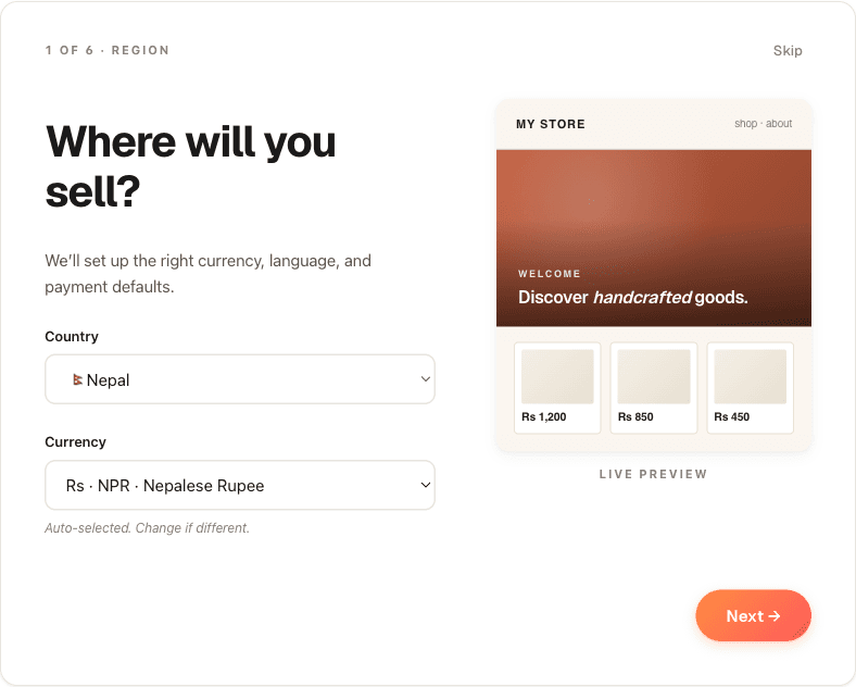Wizard step 1: choosing region and currency with a live storefront preview