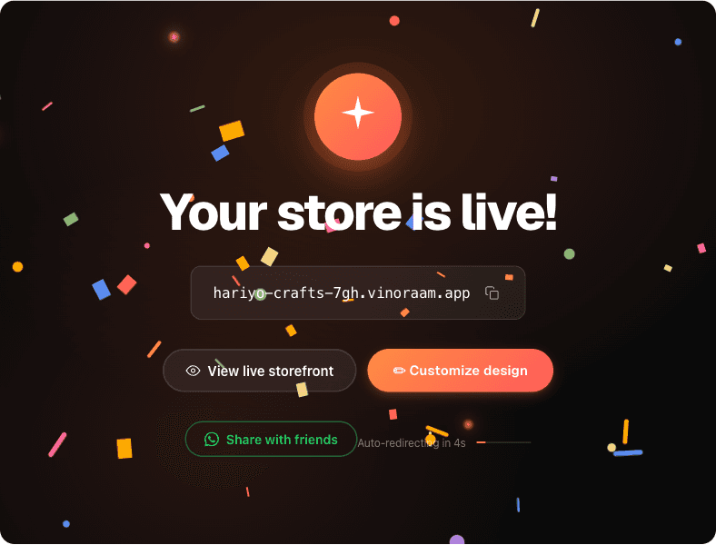 Store-is-live celebration with shareable subdomain and customize-design CTA
